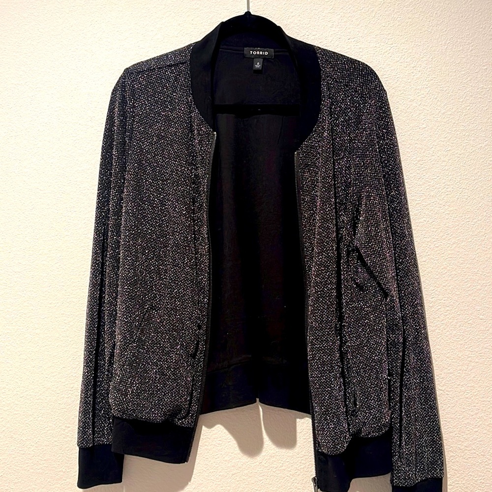 Torrid Black Sparkle Lurex bomber Jacket style